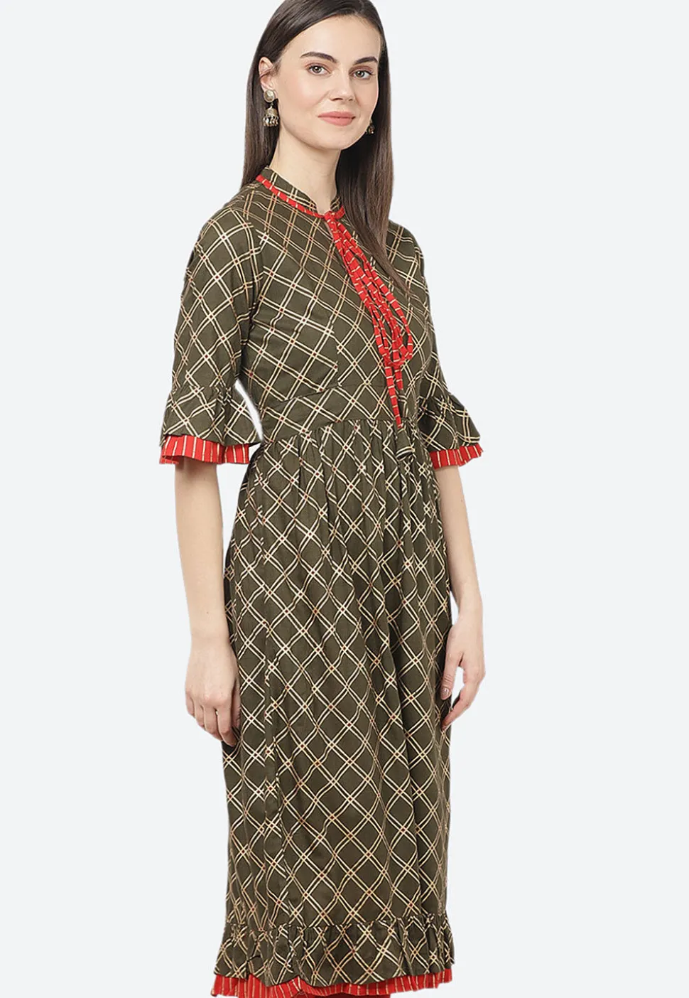 Golden Printed Rayon A Line Kurta in Dark Olive Green