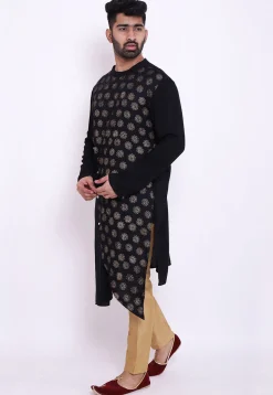Golden Printed Rayon Asymmetric Kurta Set in Black