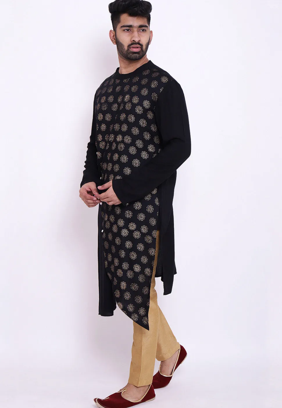 Golden Printed Rayon Asymmetric Kurta Set in Black