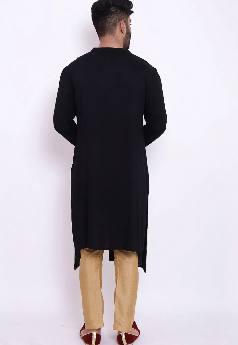 Golden Printed Rayon Asymmetric Kurta Set in Black