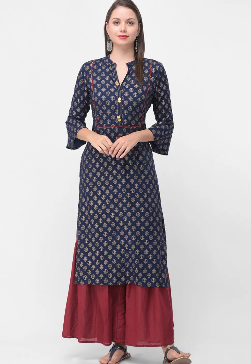 Golden Printed Rayon Cotton Straight Kurta in Navy Blue