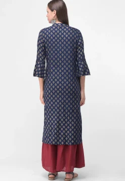 Golden Printed Rayon Cotton Straight Kurta in Navy Blue