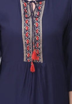 Golden Printed Rayon Cotton Straight Kurta in Navy Blue