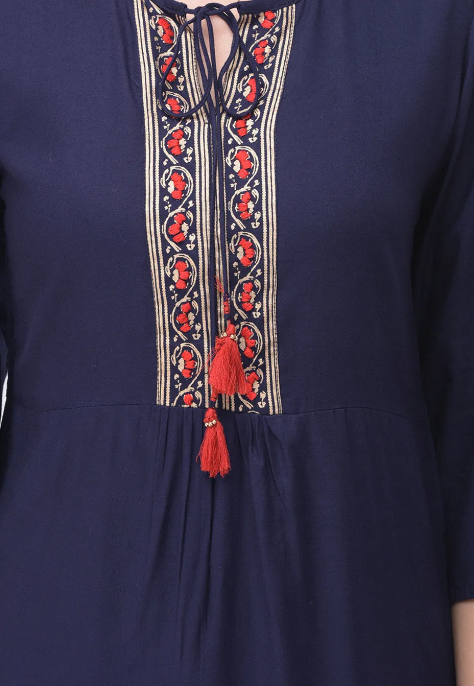 Golden Printed Rayon Cotton Straight Kurta in Navy Blue