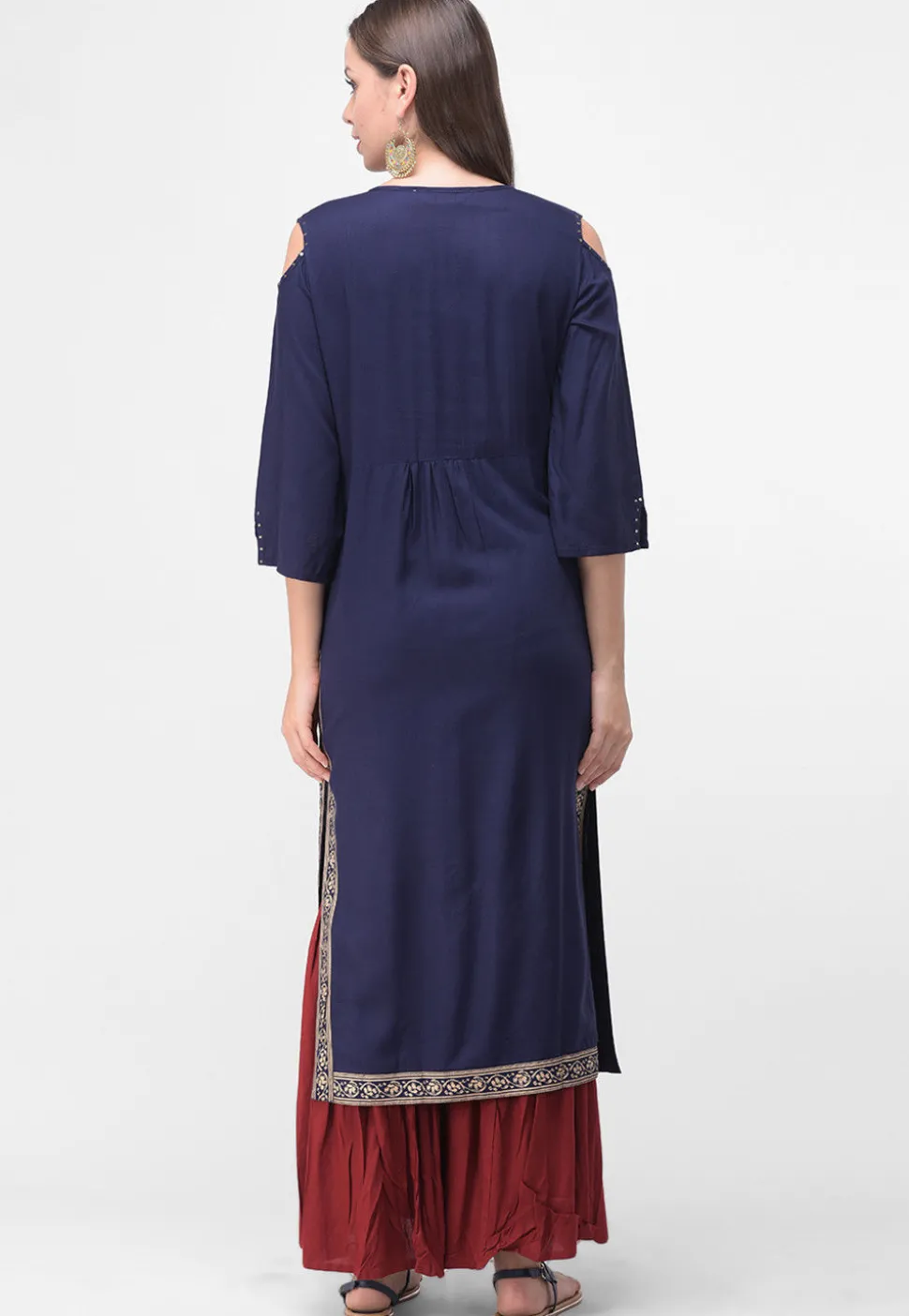 Golden Printed Rayon Cotton Straight Kurta in Navy Blue