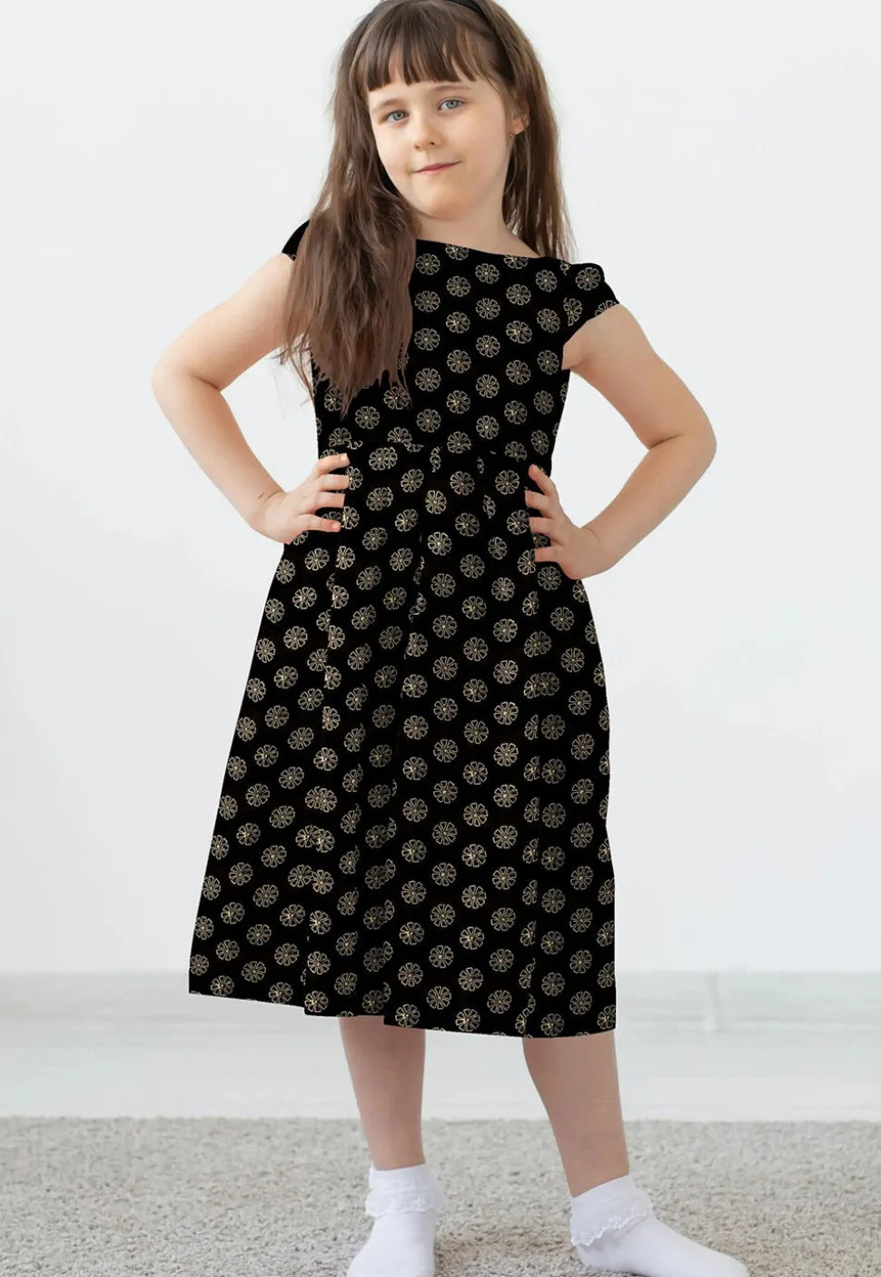 Golden Printed Rayon Dress in Black