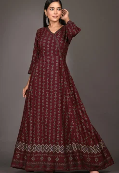 Golden Printed Rayon Gown in Wine
