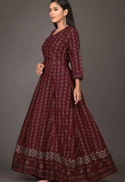 Golden Printed Rayon Gown in Wine