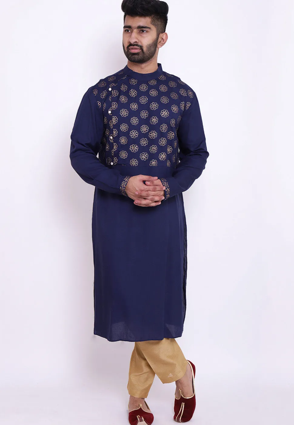 Golden Printed Rayon Kurta in Navy Blue