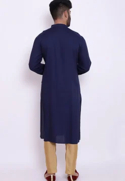 Golden Printed Rayon Kurta in Navy Blue