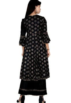 Golden Printed Rayon Pakistani Suit in Black