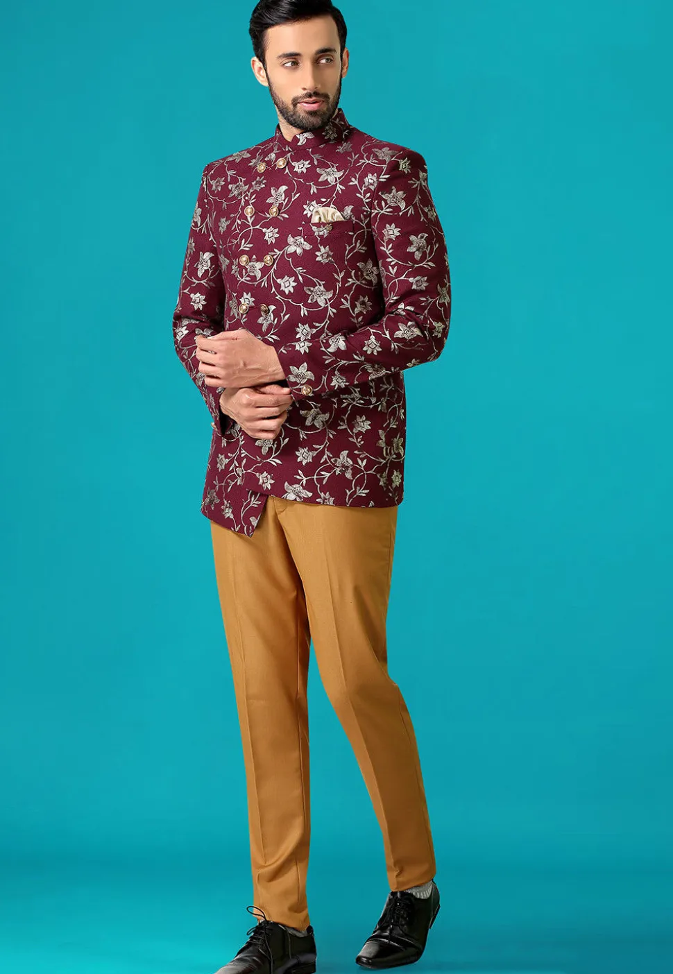 Golden Printed Terry Rayon Asymmetric Jodhpuri Suit in Wine