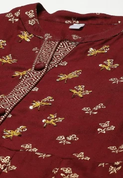 Golden Printed Viscose Rayon Anarkali Kurta in Maroon