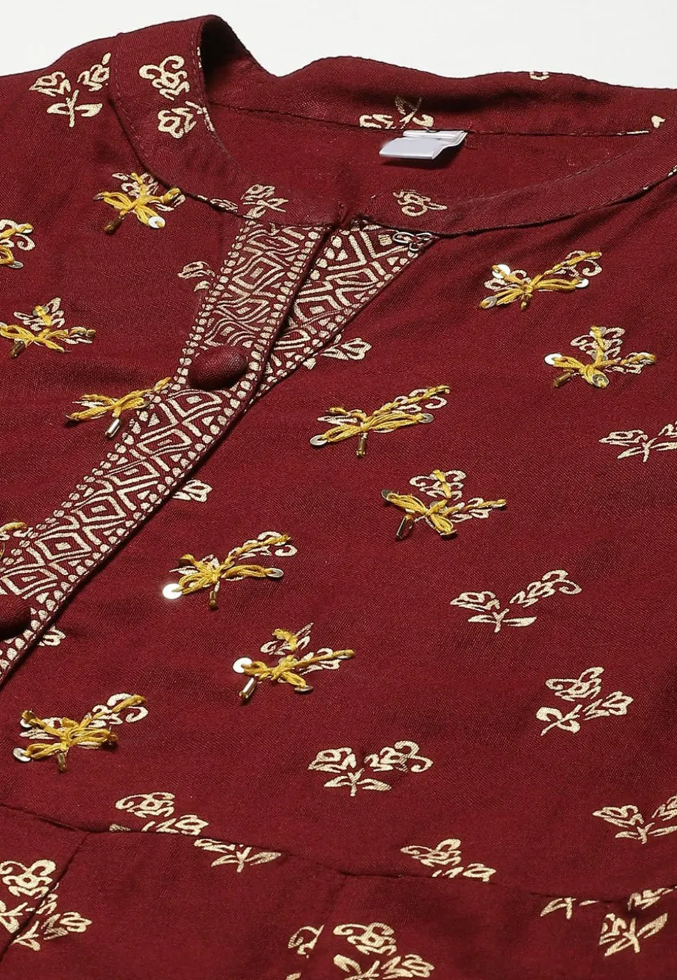 Golden Printed Viscose Rayon Anarkali Kurta in Maroon