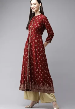 Golden Printed Viscose Rayon Anarkali Kurta in Maroon