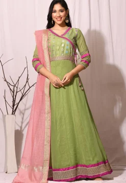 Gota Border Viscose Georgette Abaya Style Suit in Pastel Green
