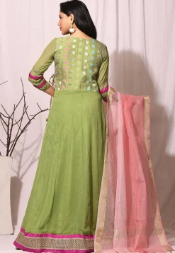 Gota Border Viscose Georgette Abaya Style Suit in Pastel Green