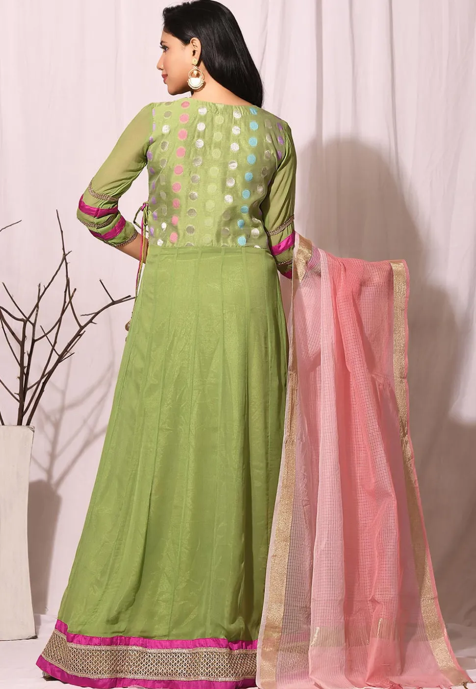 Gota Border Viscose Georgette Abaya Style Suit in Pastel Green