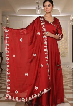 Gota Embellished Art Silk Abaya Style Suit in Maroon