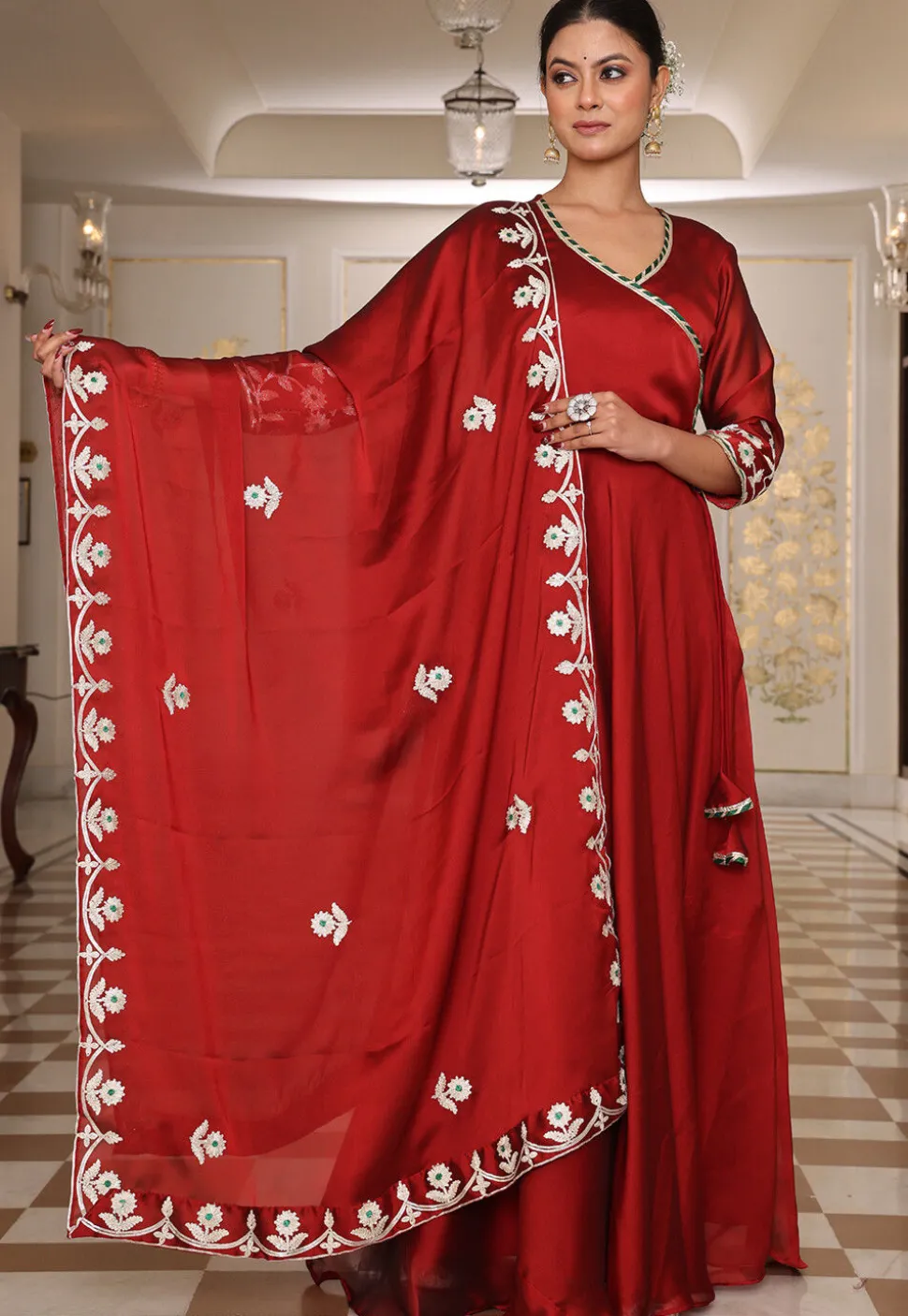 Gota Embellished Art Silk Abaya Style Suit in Maroon