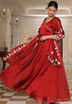 Gota Embellished Art Silk Abaya Style Suit in Maroon