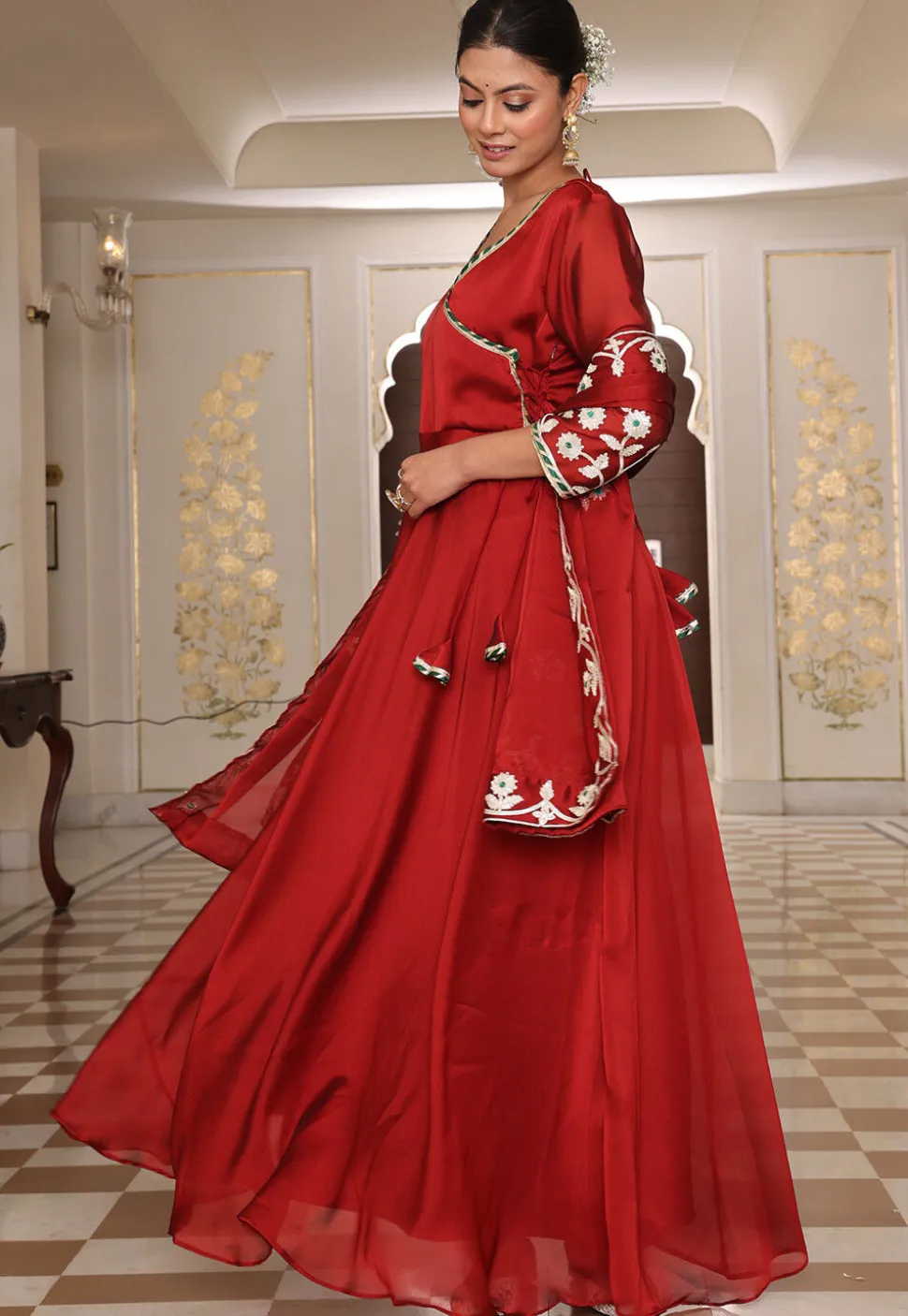 Gota Embellished Art Silk Abaya Style Suit in Maroon
