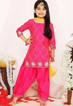 Gota Embellished Art Silk Punjabi Suit in Fuchsia