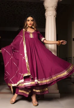 Gota Embellished Cotton Anarkali Suit in Burgundy