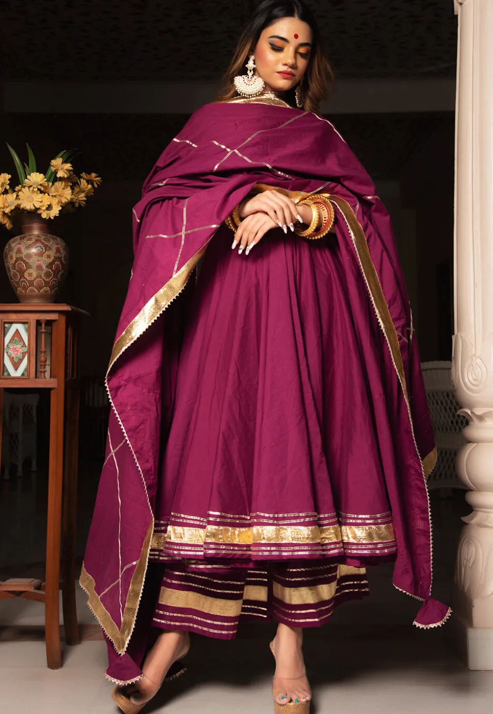 Gota Embellished Cotton Anarkali Suit in Burgundy