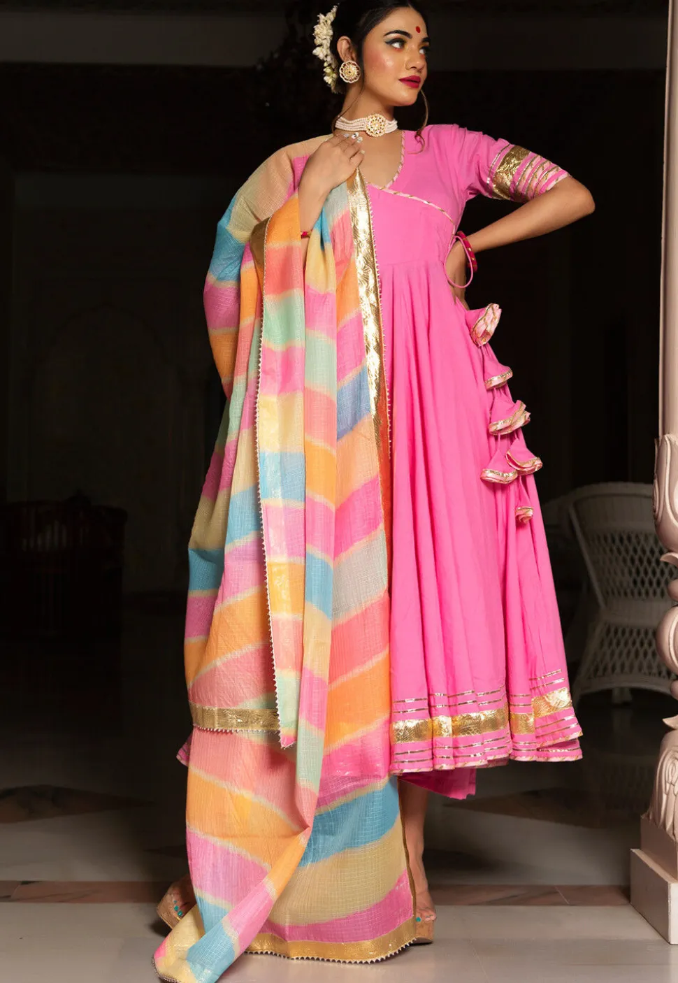 Gota Embellished Cotton Anarkali Suit in Pink