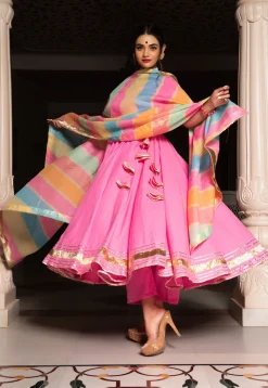 Gota Embellished Cotton Anarkali Suit in Pink