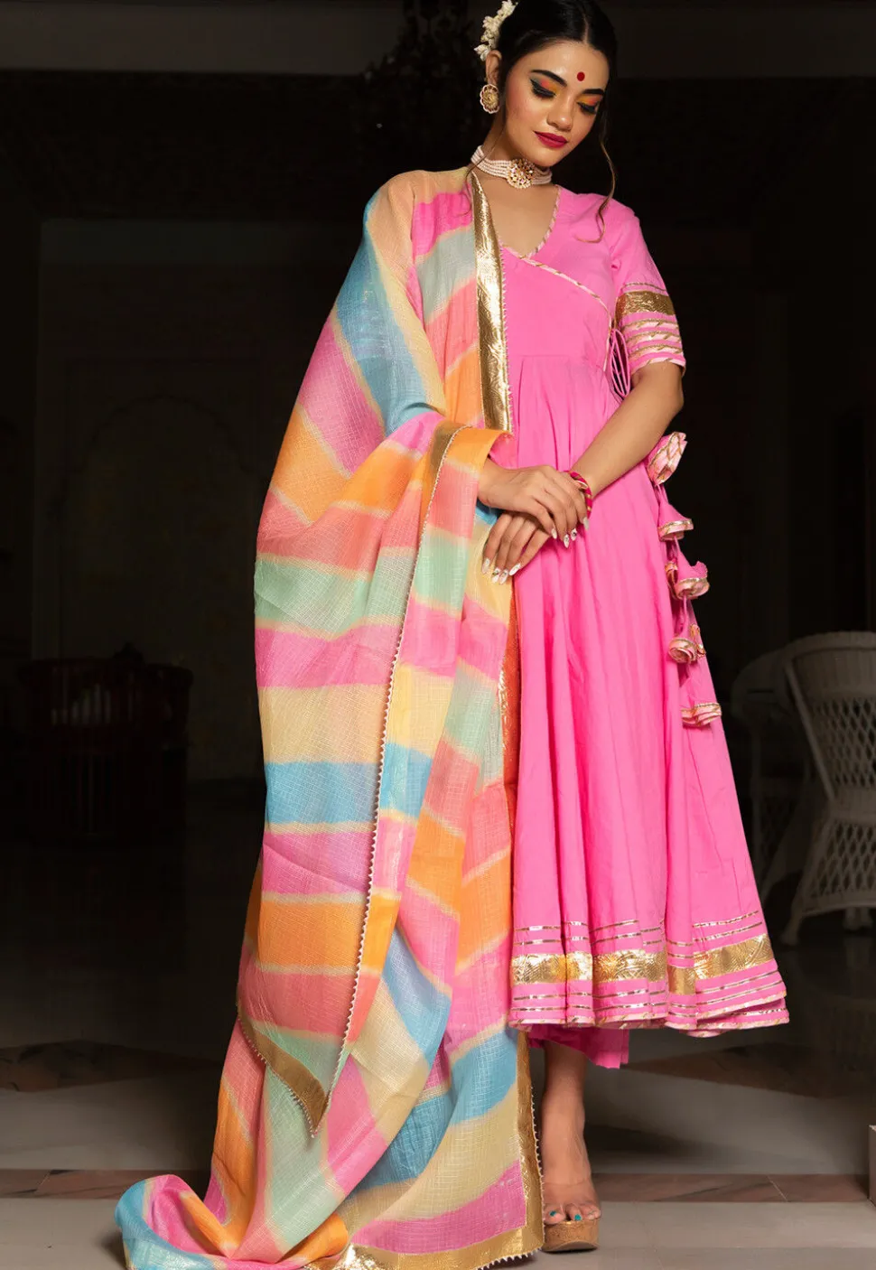 Gota Embellished Cotton Anarkali Suit in Pink