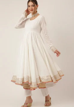 Gota Embellished Cotton Anarkali Suit in Off White