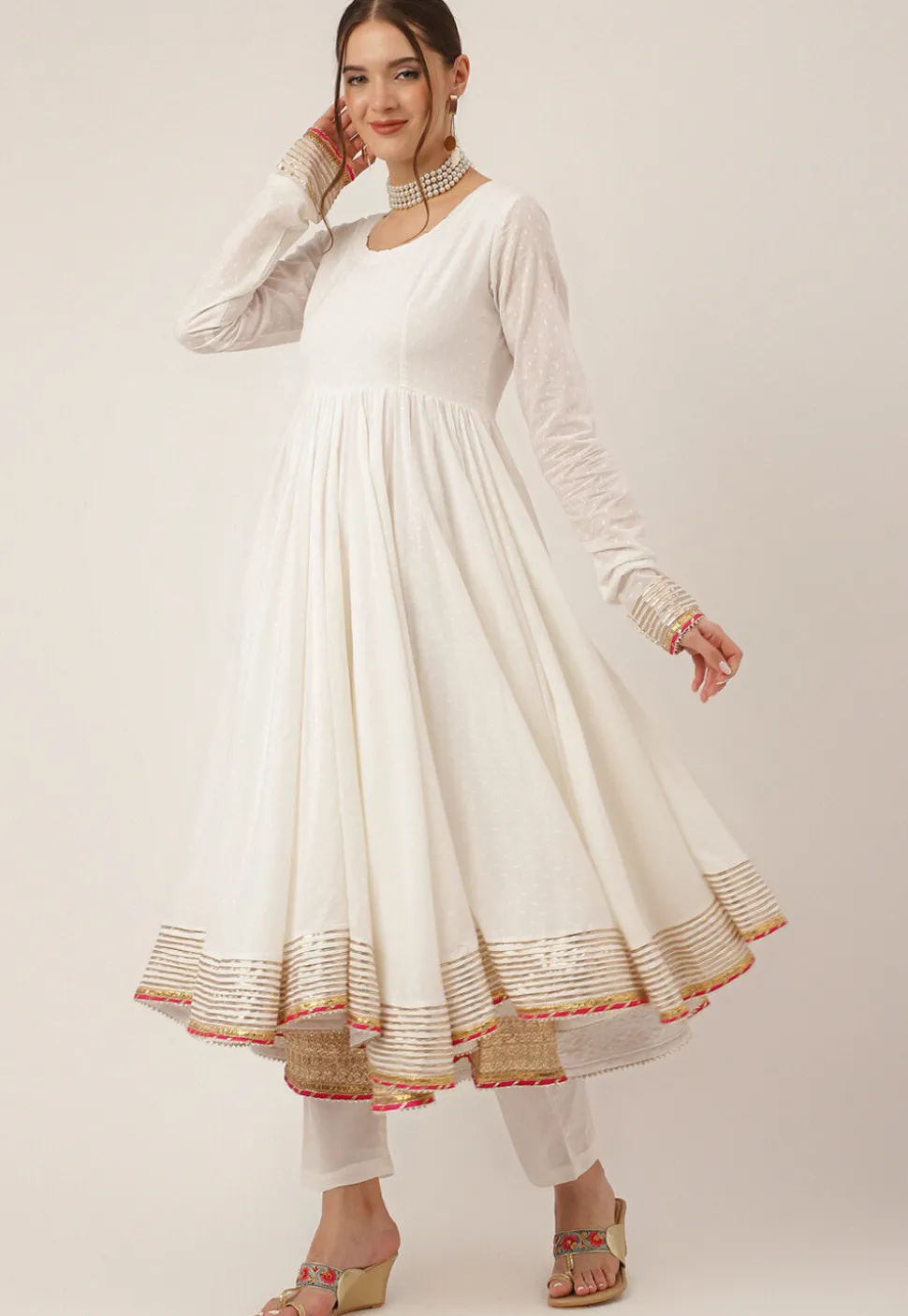 Gota Embellished Cotton Anarkali Suit in Off White