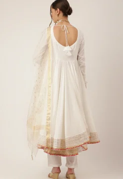Gota Embellished Cotton Anarkali Suit in Off White