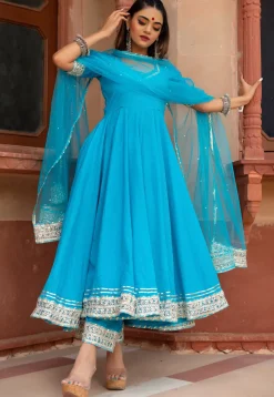 Gota Embellished Cotton Anarkali Suit in Sky Blue