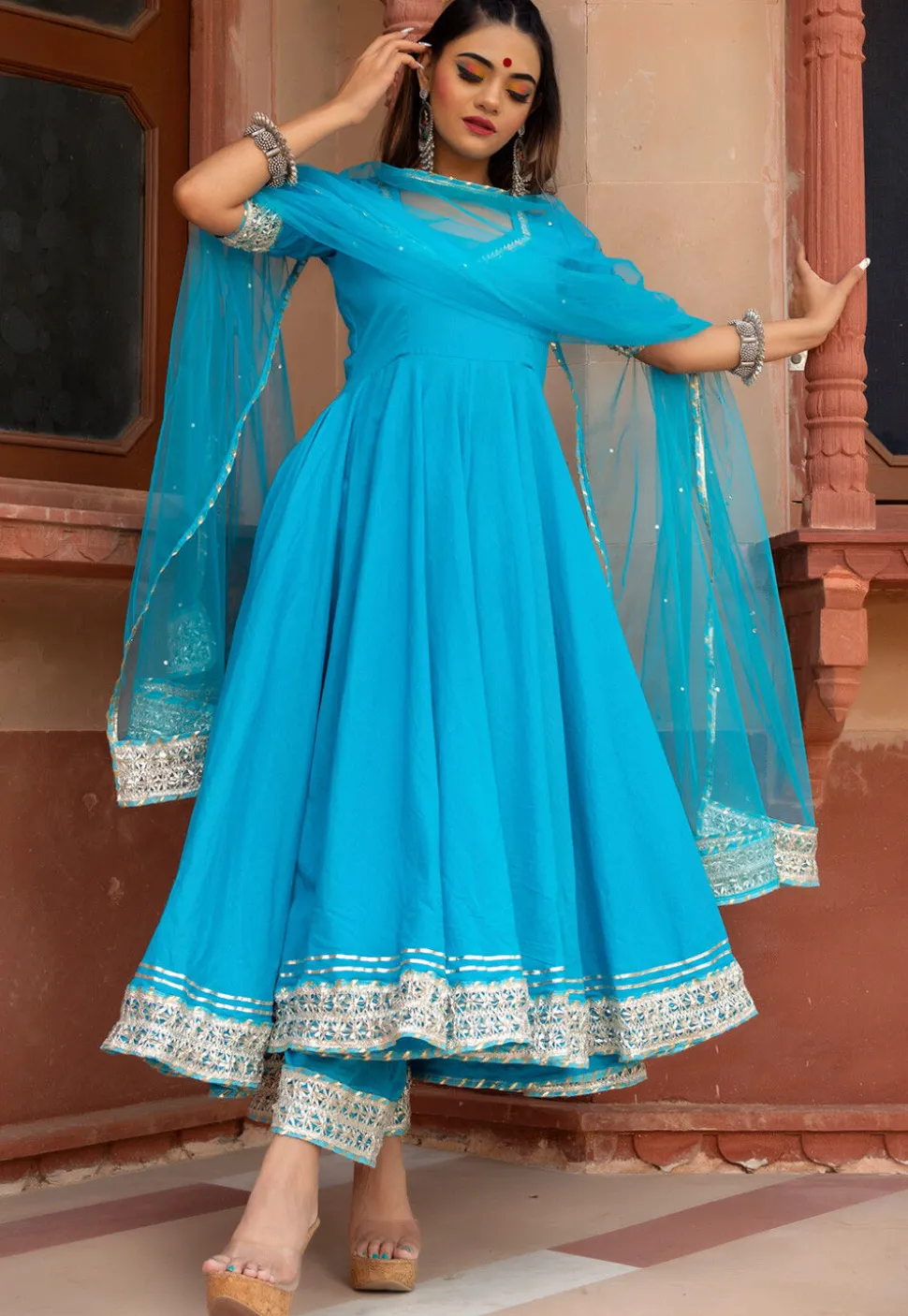 Gota Embellished Cotton Anarkali Suit in Sky Blue
