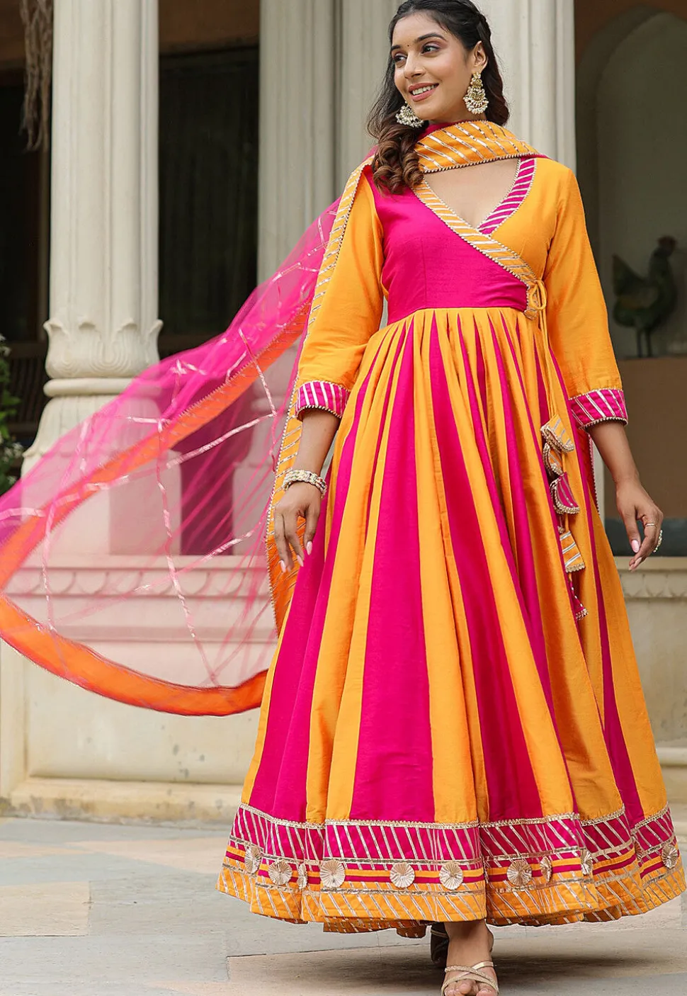 Gota Embellished Cotton Silk Anarkali Suit in Fuchsia and Yellow