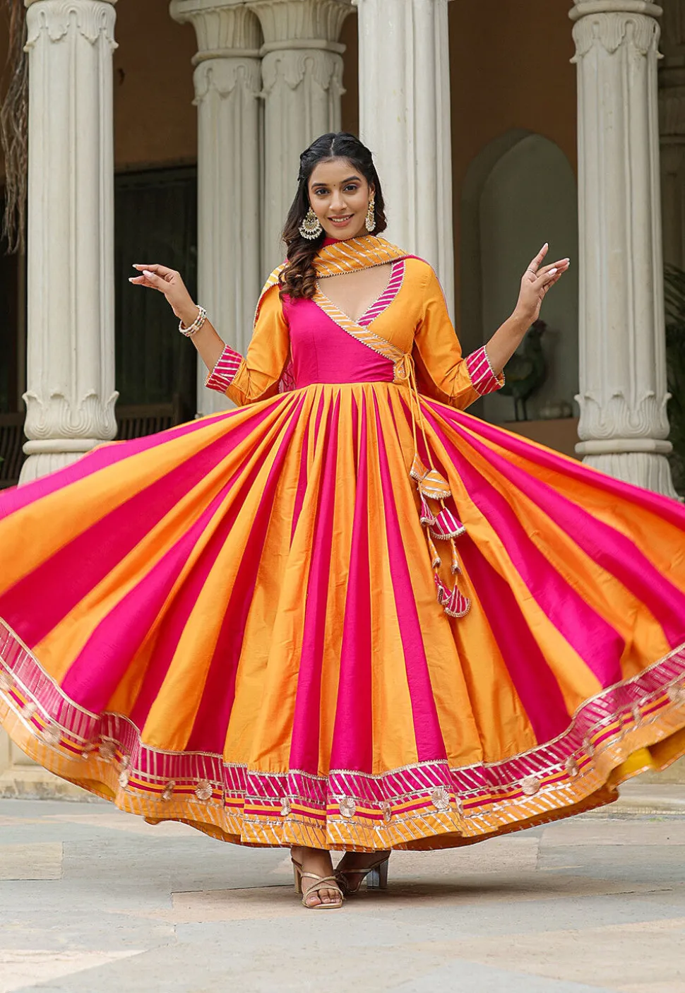 Gota Embellished Cotton Silk Anarkali Suit in Fuchsia and Yellow