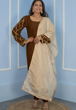 Gota Embellished Cotton Silk Straight Cut Suit in Dark Brown