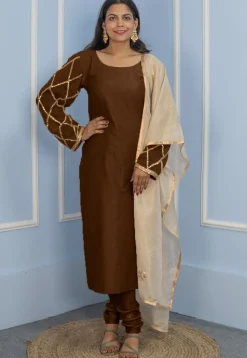 Gota Embellished Cotton Silk Straight Cut Suit in Dark Brown