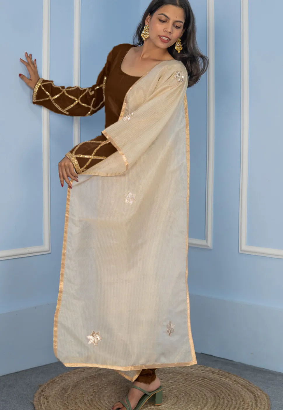Gota Embellished Cotton Silk Straight Cut Suit in Dark Brown
