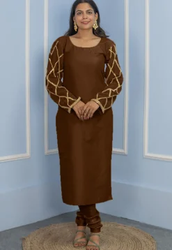 Gota Embellished Cotton Silk Straight Cut Suit in Dark Brown