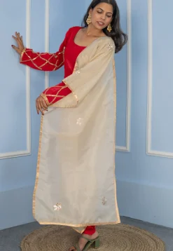 Gota Embellished Cotton Silk Straight Cut Suit in Red