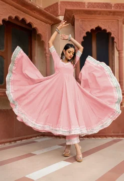 Gota Embellished Cotton Silk Anarkali Suit in Baby Pink