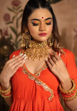 Gota Embellished Cotton Scalloped Anarkali Suit in Orange