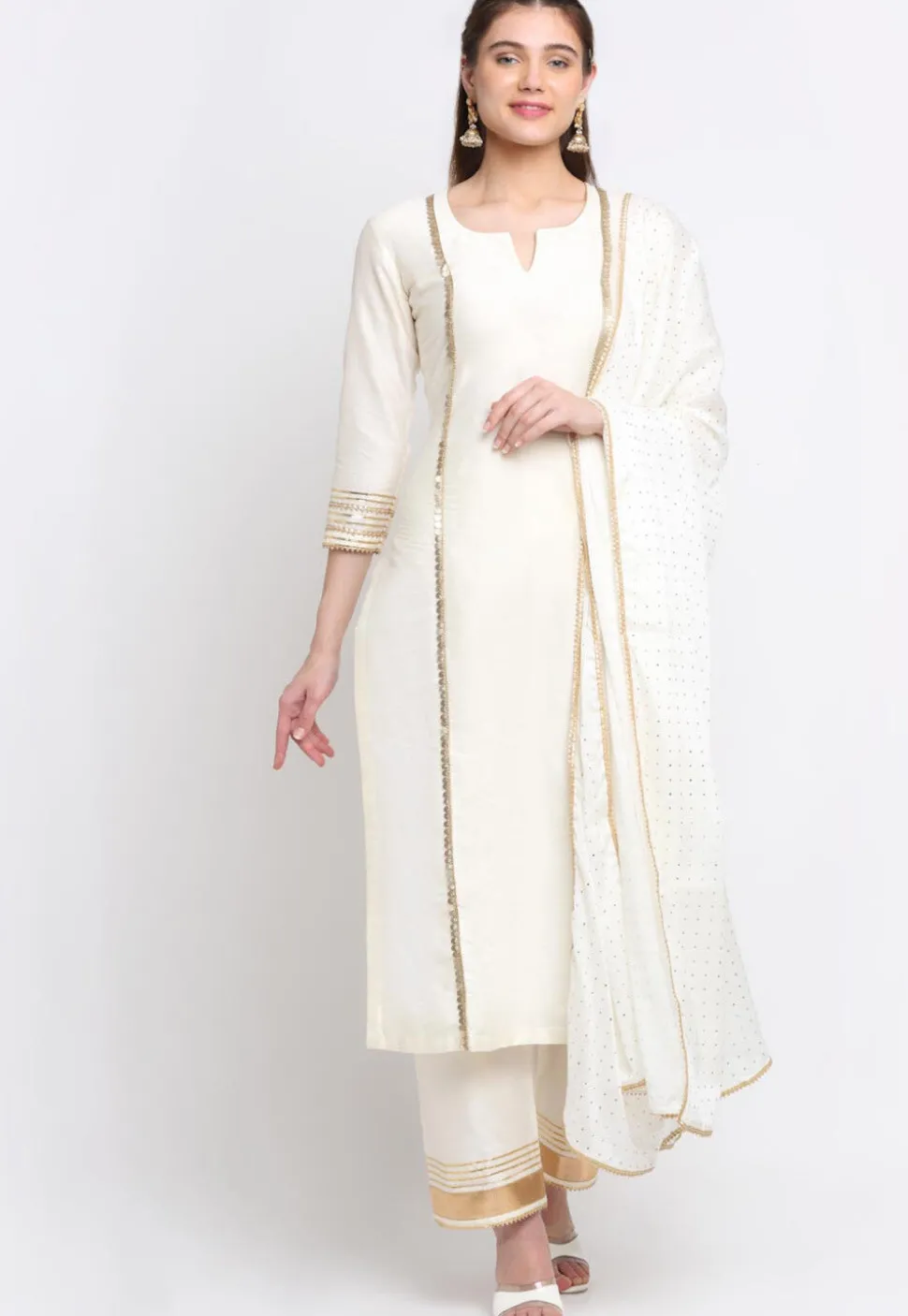 Gota Embellished Cotton Silk Pakistani Suit in Off White