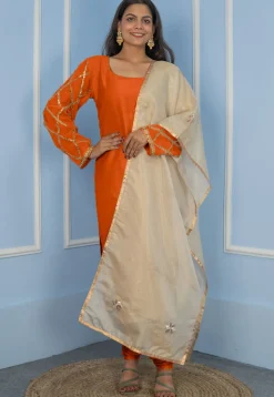 Gota Embellished Cotton Silk Straight Cut Suit in Dark Orange