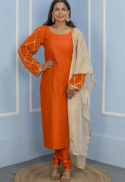 Gota Embellished Cotton Silk Straight Cut Suit in Dark Orange