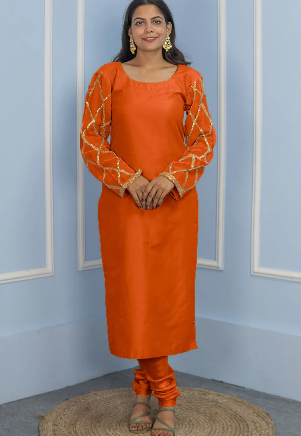 Gota Embellished Cotton Silk Straight Cut Suit in Dark Orange